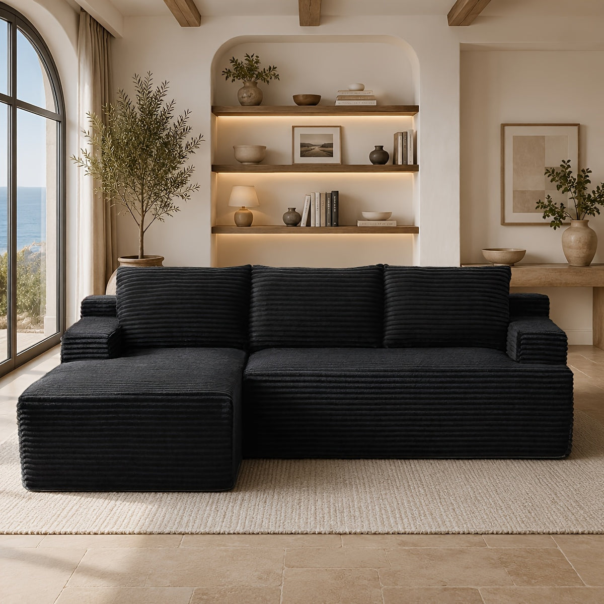 L-Shaped Cloud Sofa, 3-Seater Corduroy Sectional Couch with Oversized Chaise, Deep Seat Modular Sofa, No Assembly Required, Modern Couch for Living Room & Bedroom