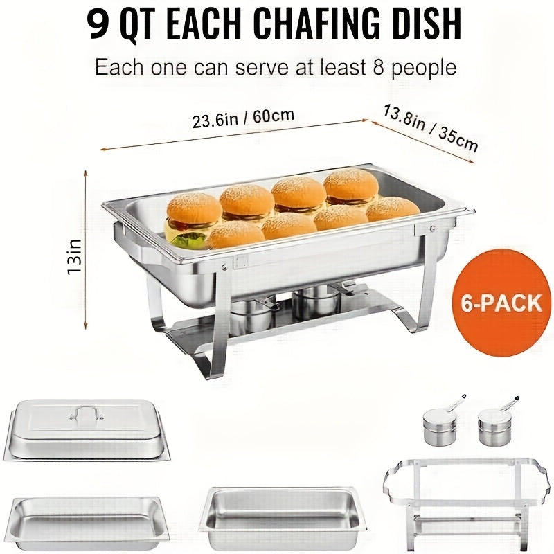 6pcs Chafing Dish Buffet Set, 9 Qt Stainless Steel Buffet Servers And Warmers With Foldable Frame, Food Pan, Fuel Holder And Lid For Halloween, Christmas, Home Parties, Only For Cooking