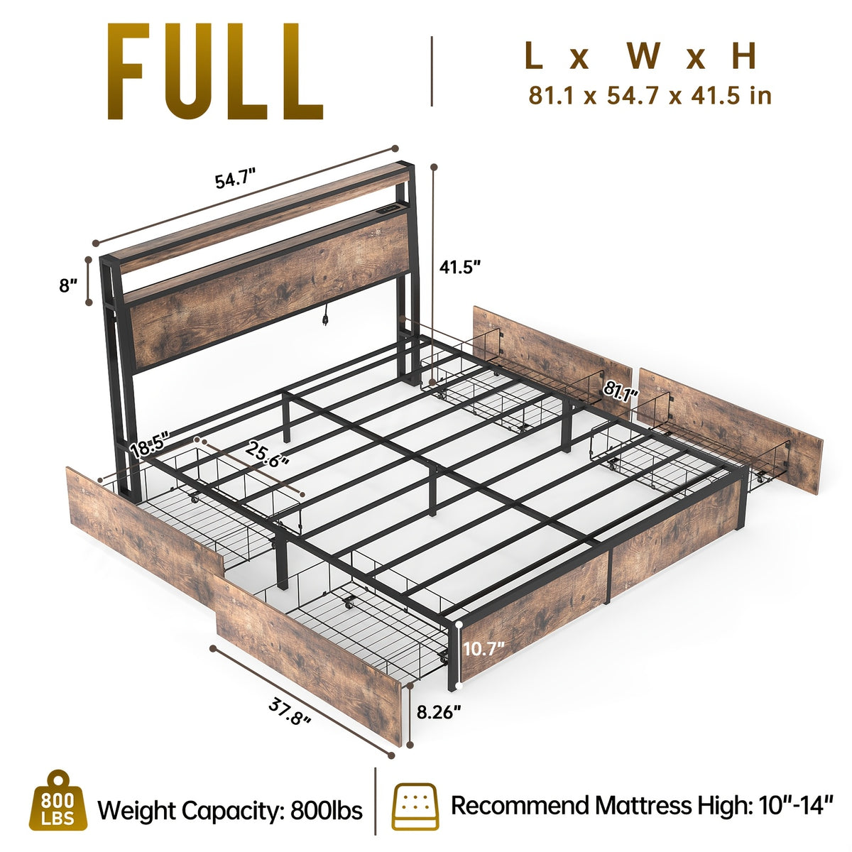 Full/Queen/King Size Bed Frame with 4 Storage Drawers, Metal Platform Bed with LED Lights & Charging Station, 2-Tier Wood Headboard, 800 LBS Capacity, Noise-Free, No Box Spring Needed, Vintage Brown Finish