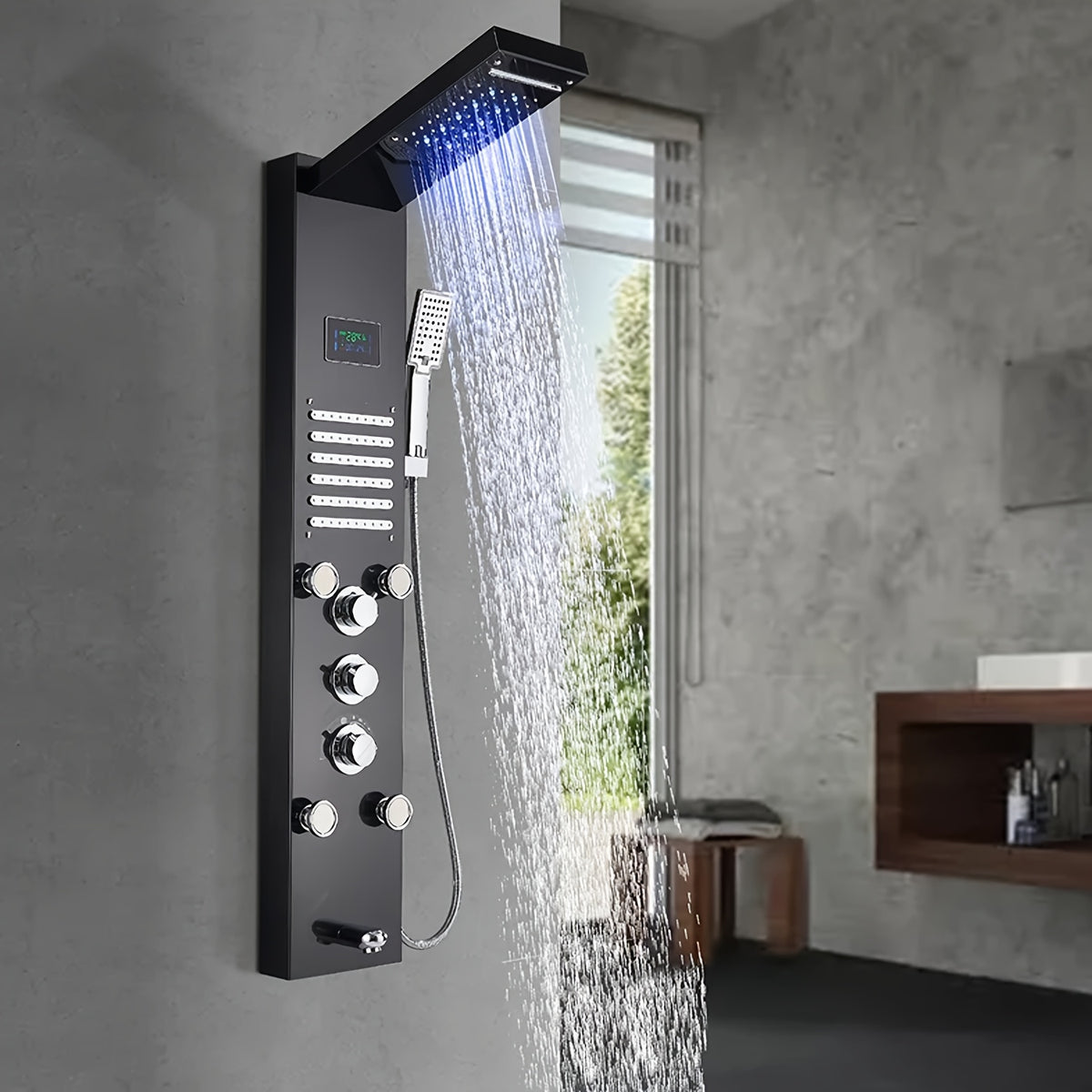 6-Function Modern Shower Panel Tower System with Rainfall Waterfall Shower Head, Handheld Shower & Massage Jets - Brushed Nickel Wall-Mounted Bathtub Faucet Suitable for Bath/Shower, Full Body System with Clarity Basin and Spout