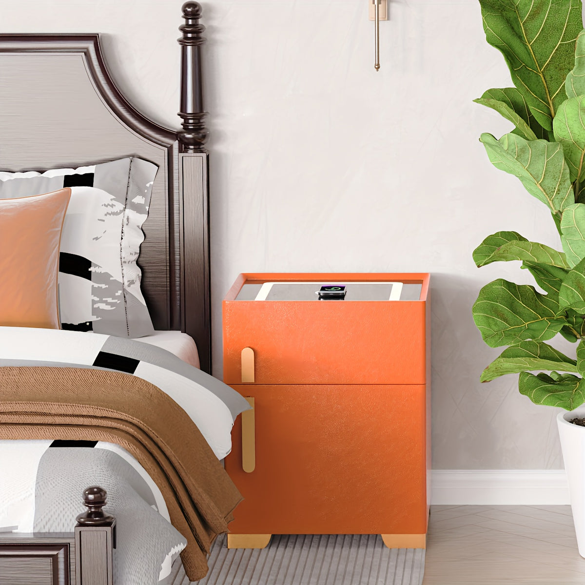Wireless Charging Cabinet, Modern 4-in-1 Bedside Table with LED Three-Color Light and Drawers