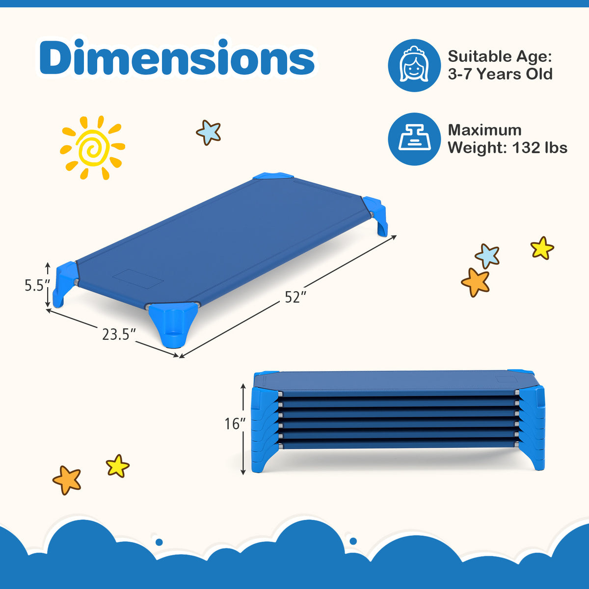 COSTWAY 6-Pack Stackable Time Cots, Space-Saving Daycare Cots w/Metal Frame, Oxford Cloth, Portable Toddler Sleeping Beds for Preschool and Kindergarten, No Assembly Required, 52" x 23.5".