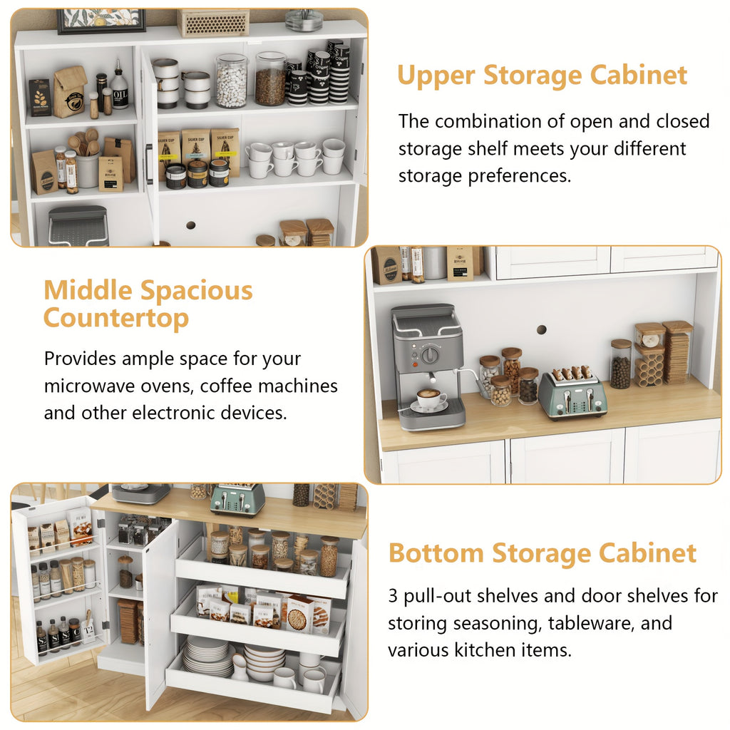 71-Inch Tall Kitchen Pantry Cabinet Featuring Three Pull-Out Drawers, Spacious Storage with Hutch And Door Shelves, And a Pantry Organizer That Includes a Microwave And Coffee Stand for The Dining Area, in White