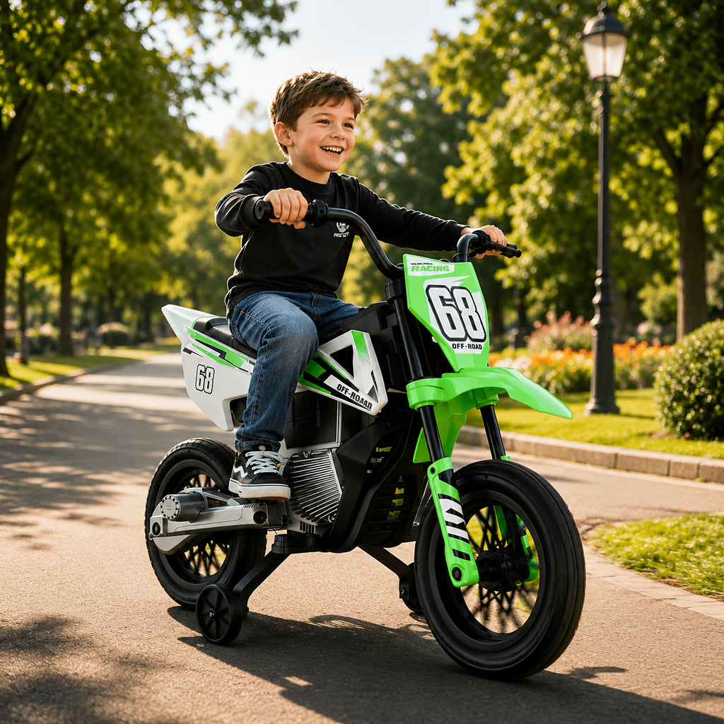 12V Kids'Ride-On Motorcycle, Upgraded Dual Motors, Training Wheels for Safety, Twist Throttle Control & Built-in Music, Perfect Gift for Kids Ages 3+