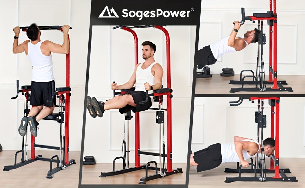Sogespower Power Tower Dip Station Pull Up Bar for Home Gym Multi-Function Adjustable Height Strength Training Workout Equipment