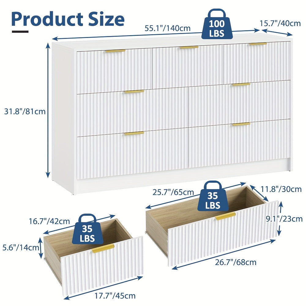 White/Walnut/Black 7 Drawer Dresser for Bedroom, Modern Fluted Dresser with Golden Metal Handles, Wide Chest Of Drawers for Bedroom, Living Room, Entryway, Hallway, 55.1" L X 15.7" D X 31.8" H, White 7 Drawer Dresser, Walnut 7 Drawer Dresser