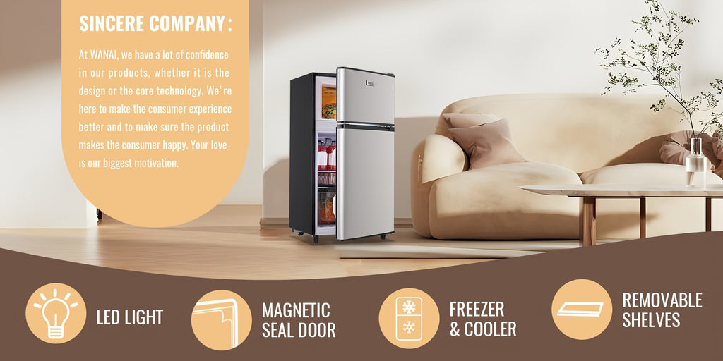 WANAI Double Door Small Refrigerator with Freezer, 3.5/4.5/5.0 Cu.Ft Small Fridge with 7 Level Adjustable Thermostat & Removable Shelves, Mini Refrigerator for Kitchen Apartment And Office, Silvery