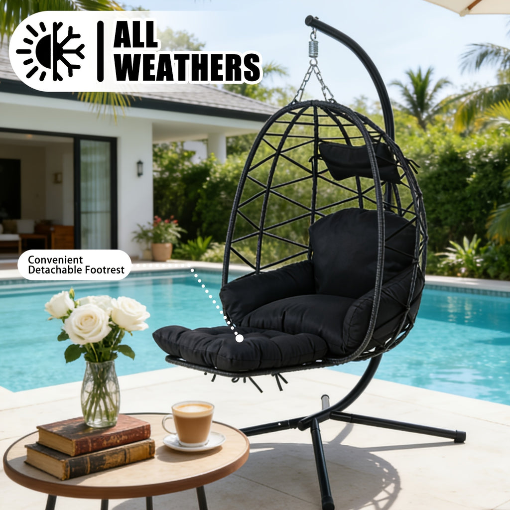 Hanging Egg Chair with Stand & Leg Rest, 350lb Rattan Wicker Swing Chair with Cushion, Patio Basket Hanging Chair Wicker Hammock Chair for Outdoor Garden Backyard Balcony, All-Weather Resilient