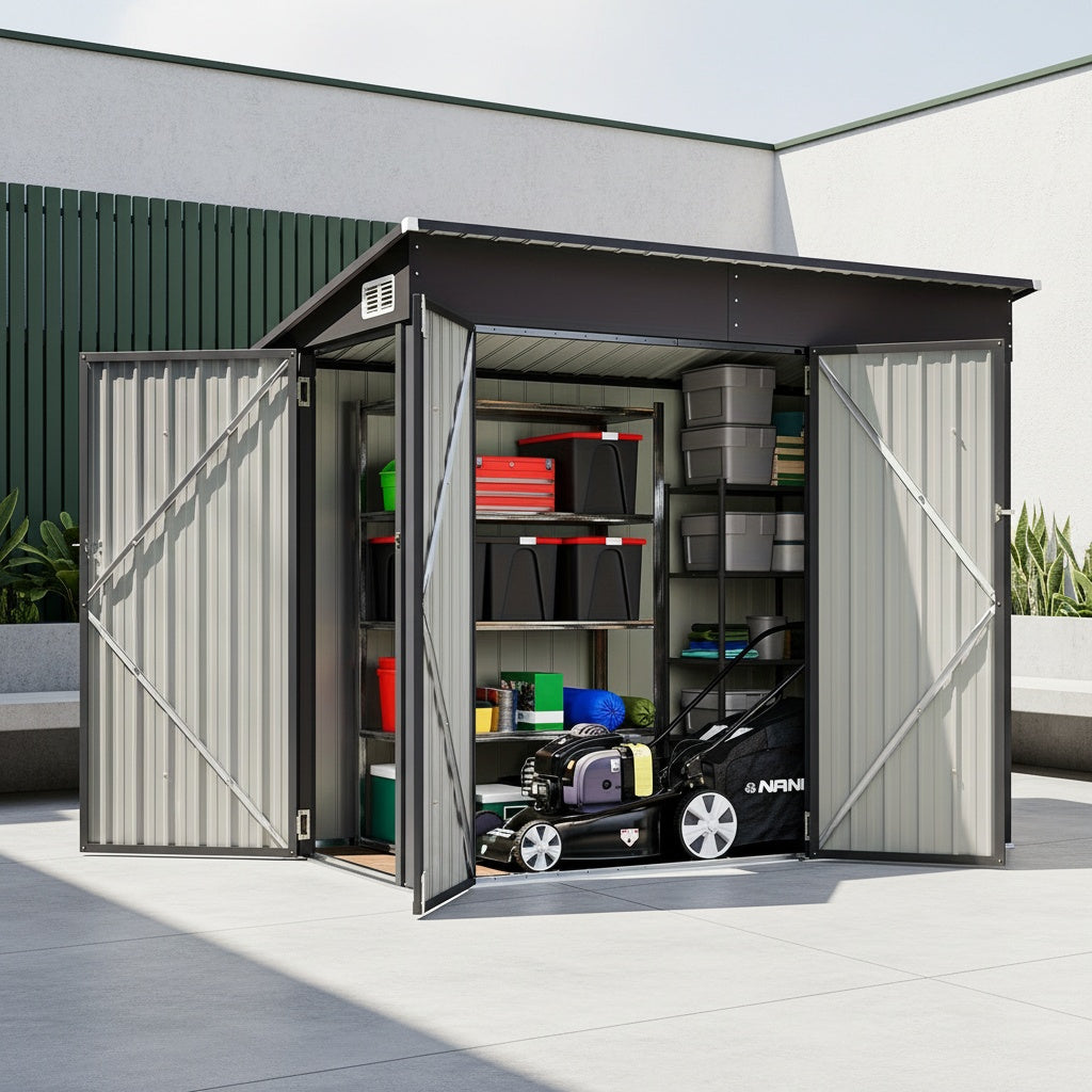 ULSMVOC 8X4 FT Outdoor Storage Shed With Triple Lockable Doors, Metal Storage Cabinet With Sloping Roof For Tools, Bicycles & Garden Equipment, Ideal For Patio & Courtyard