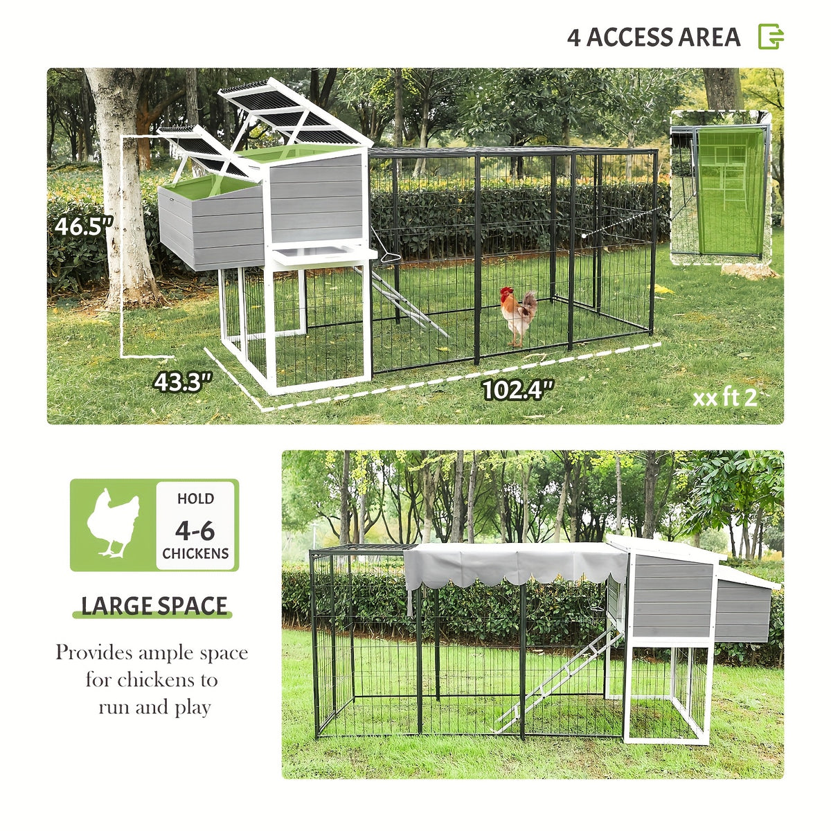 Chicken Coop, Large Wooden Chicken Coop with All-Steel Frame Chicken Run, Outdoor Chicken House for 10 Chickens Duck Coop Small Chicken Coop with Nesting Box And Rain, Ramps