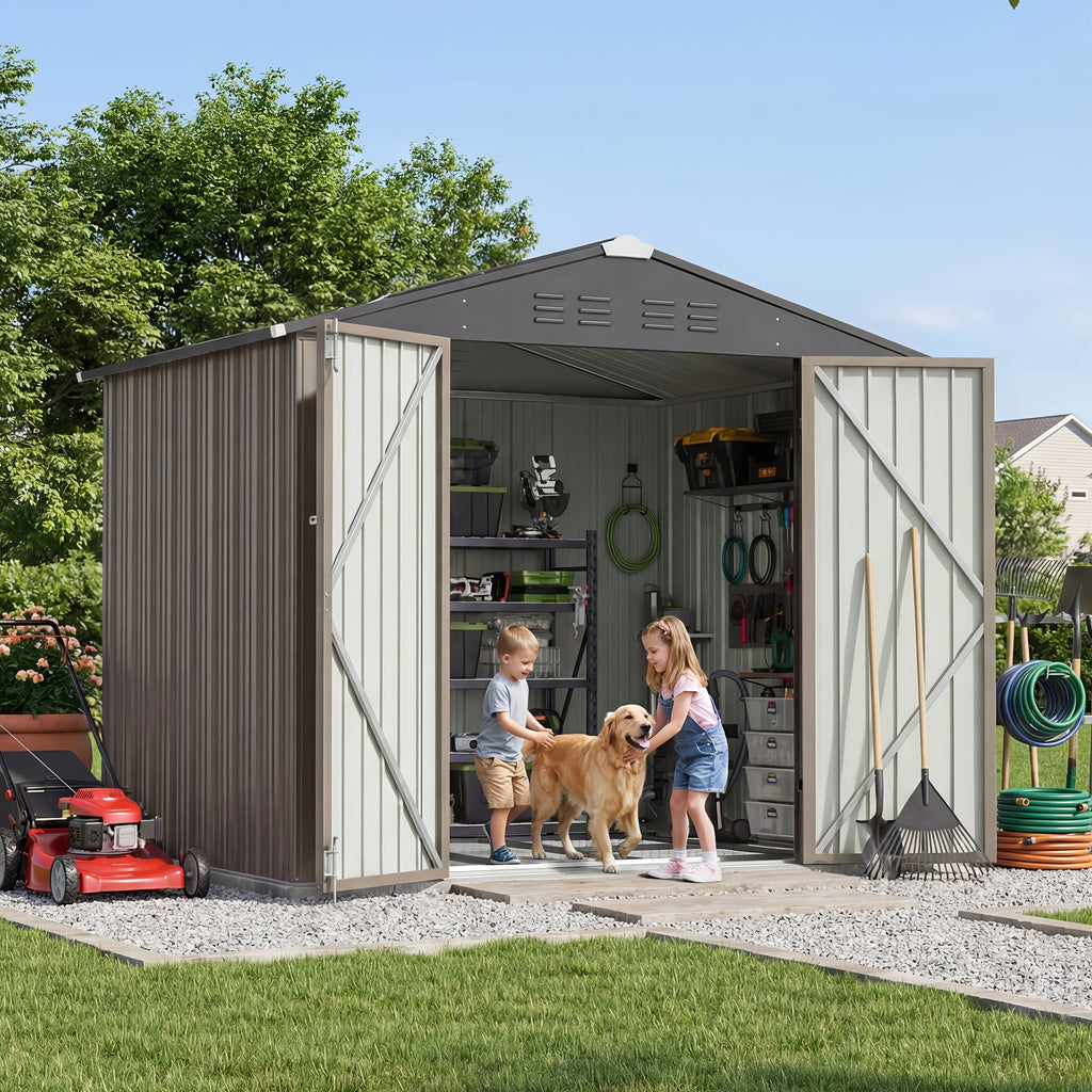 GUNJI 8 X 6 Ft Shed Metal Outdoor Waterproof Storage Shed Steel Utility Garden Tool Shed with Door And Lock Outdoor Storage for Garden Patio Lawn Poolside, Free Shipping