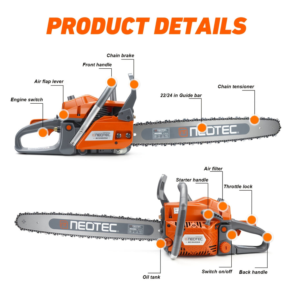 Neotec 68CC 2-Cycle Top Handle Gas Powered Chainsaw Equipped With 24-inch + 22-inch Guide Plates Handheld Cordless Chain Saw For Tree Wood Cutting