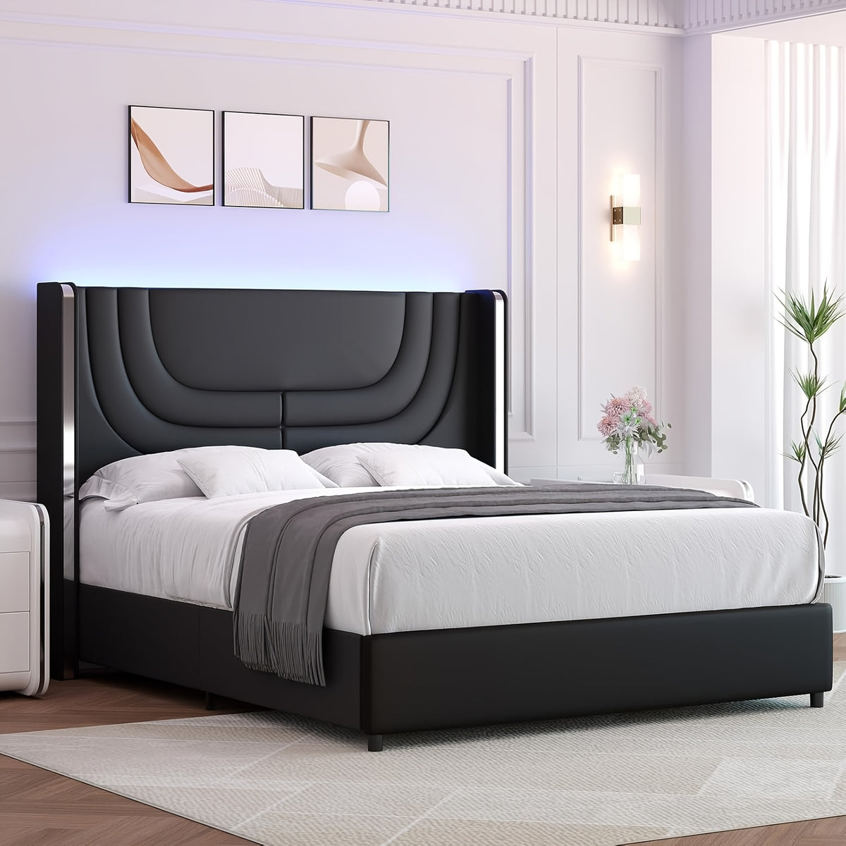 Twin Full Queen Size Bed Frame with LED Lights, Bed with Headboard And Wingback, Headboard Splicing Design, No Box Spring Needed, Easy Assembly, Pink/Beige/Black