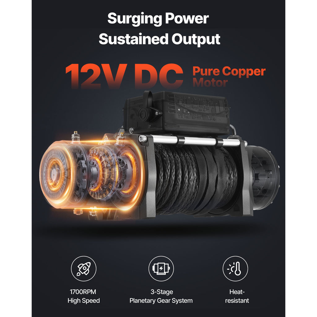 VEVOR Electric Winch, 13500 lbs Load Capacity, 12V DC Truck Winch with Φ3/8 in x 85 ft Synthetic Rope, Wireless & Wired Remote Control, Towing Off-Road SUV Jeep Trailer Boat