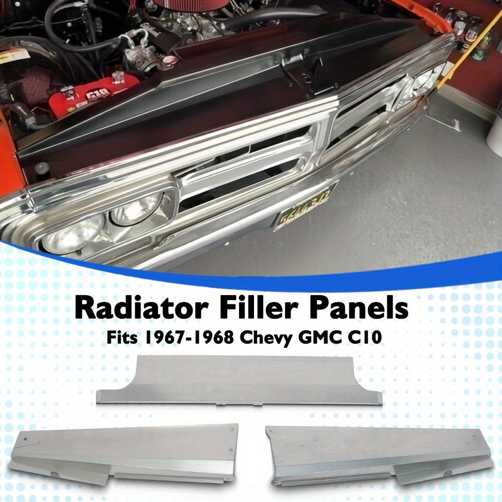 Radiator Filler Panels: 3pcs Kit, Smooth Steel, Fits 1967-1968, – for Chevy, – for GMC C10