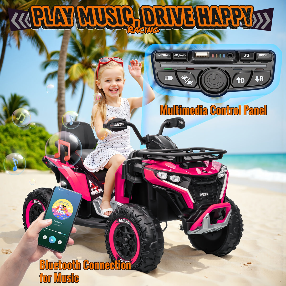 24V Electric Kids ATV Quad, 4WD Off-Road Vehicle, 2-Seater with Leather Seats And Knee Pads, Ride-On for Boys And Girls (/Red//Black) - Ideal Birthday/Christmas/Halloween Gift, 3 Speeds, Remote Control Design