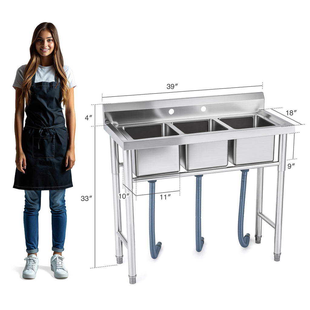 Commercial Stainless Steel Sink with Strainer 39" W × 17.7" D × 37.4" H, Kitchen Sink Station Utility Sink for Home Laundry Room Garage, 3 Compartment Sink for Bar Restaurant