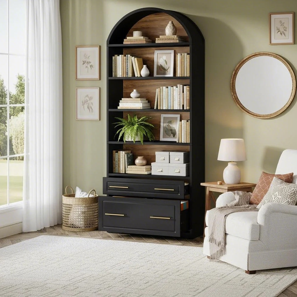 BYBLIGHT 76.8" Tall Arched Bookcase, Modern Freestanding Wooden Bookshelves, 5-Tier Bookshelf with File Cabinet Drawer, Large Open Display Storage Shelves, for Home Office Living Room, Assembly Required, Multiple Colors Available