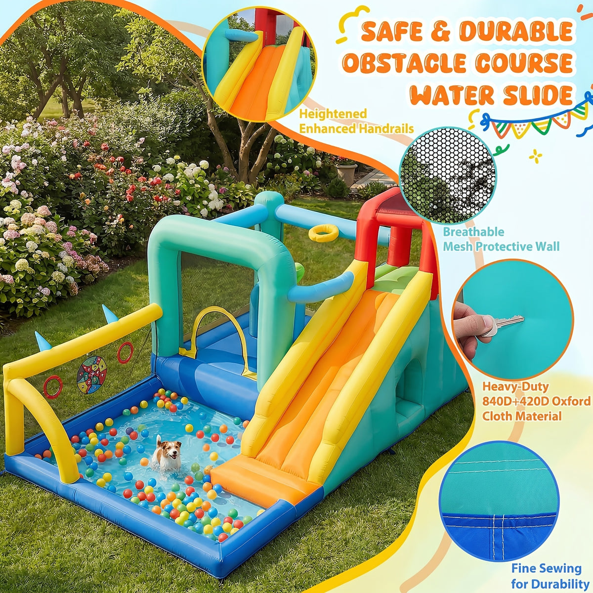 Inflatable Bounce House with Blower for Indoor Outdoor, Rabbit Ears Center Obstacle Bouncy Castle with Ball Pit/Splash Pool, Air-Filled Jumping Bouncer with Center Obstacle/Tunnel/Climbing Wall/Dartboard/Ring Toss/Ball Holes/Hoop