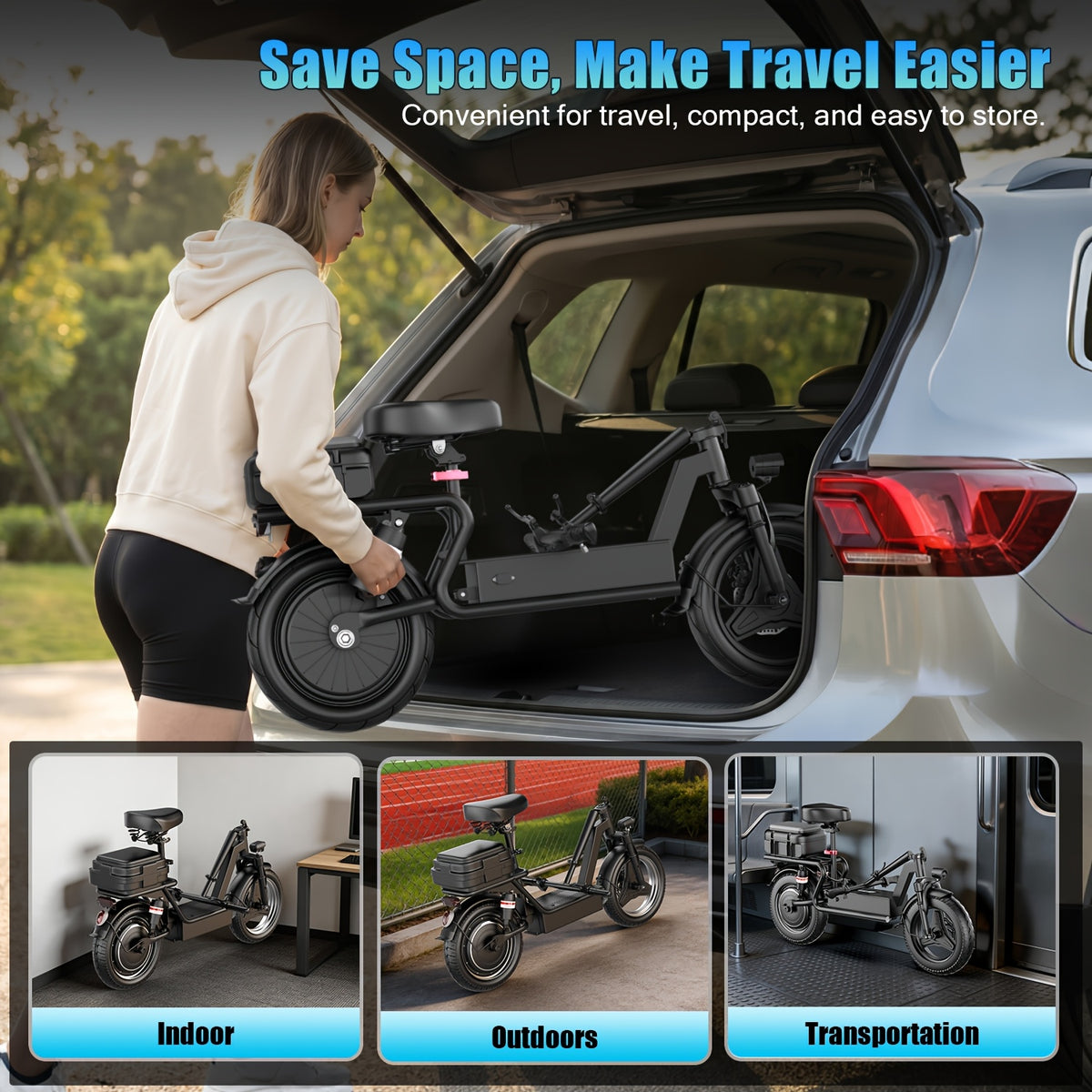 [Long Range Scooter] Commuter Electric Scooter With Seat, 54.6V 16.5Ah Electric Scooter With Detachable Box, Shopping Cart And Grocery Cart And Multi-Purpose Cargo Scooter, Large Capacity Battery For 25-35 Miles Long Range, New Smart Throttle With 3 Speed