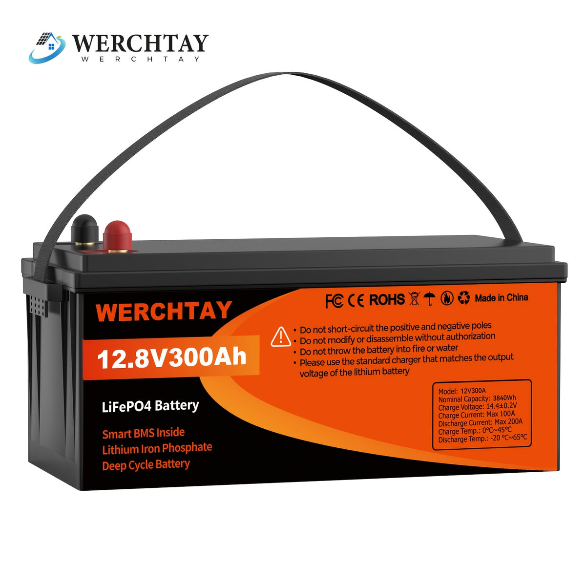 [Intelligent BMS Protection] WERCHTAY 12.8V LiFePO4 Battery 300/200/100Ah, Equipped with A+ Grade Battery Chips, 25000+ Deep Cycle Cycles, Intelligent BMS with Overcharge and Over-Discharge Protection, Suitable for Home Energy Storage, Outdoor RVs, and Of