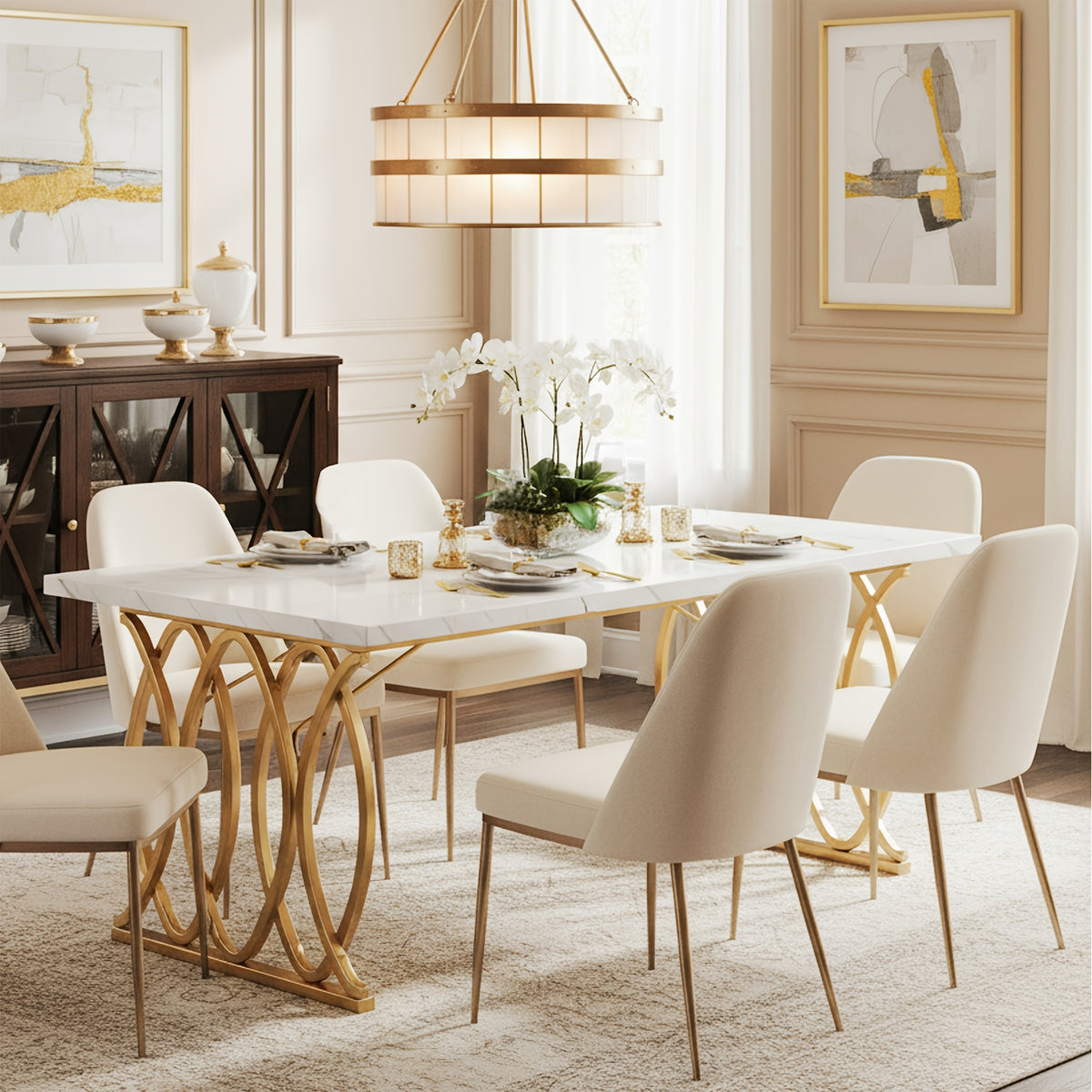 Modern Dining Table, 63" Large Kitchen Table for 4-6 People, Unique Rectangular Dinner Table Kitchen & Dining Room Furniture with Faux Marble Tabletop And Geometric Legs