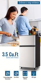 5.0/3.5/2.5 Cu.ft Small Fridge with Freezer 2-Door Compact Refrigerator 7-Level Adjustable Thermostat, Removable Shelves and Bakset, Perfect for Dorm, Office, RV, Bedroom, Silvery