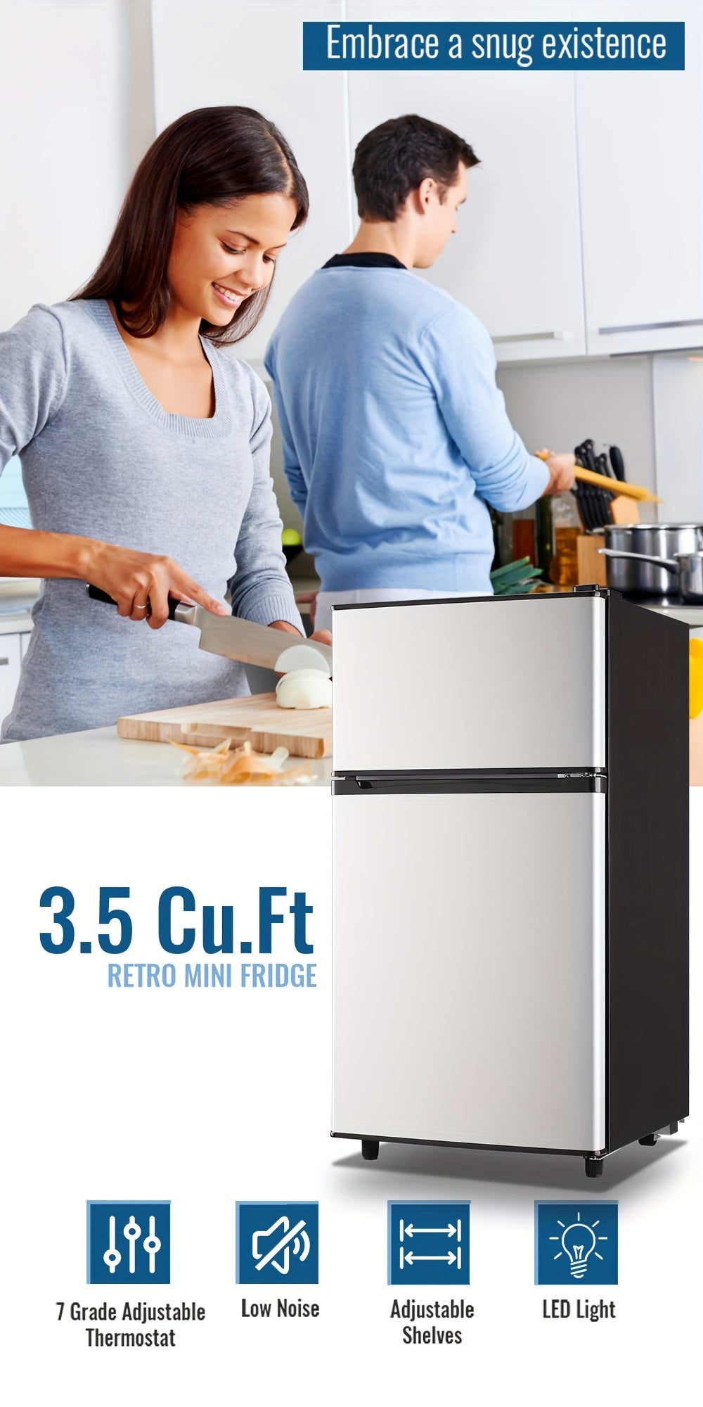 5.0/3.5/2.5 Cu.ft Small Fridge with Freezer 2-Door Compact Refrigerator 7-Level Adjustable Thermostat, Removable Shelves and Bakset, Perfect for Dorm, Office, RV, Bedroom, Silvery