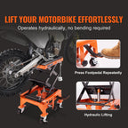VEVOR Hydraulic Motorcycle Lift Table, 350 LBS Capacity Motorcycle Scissor Jack Lift with Wide Deck, J-hooks, 4 Wheels, Hydraulic Foot-Operated Jack Stand for ATV Dirt Bikes