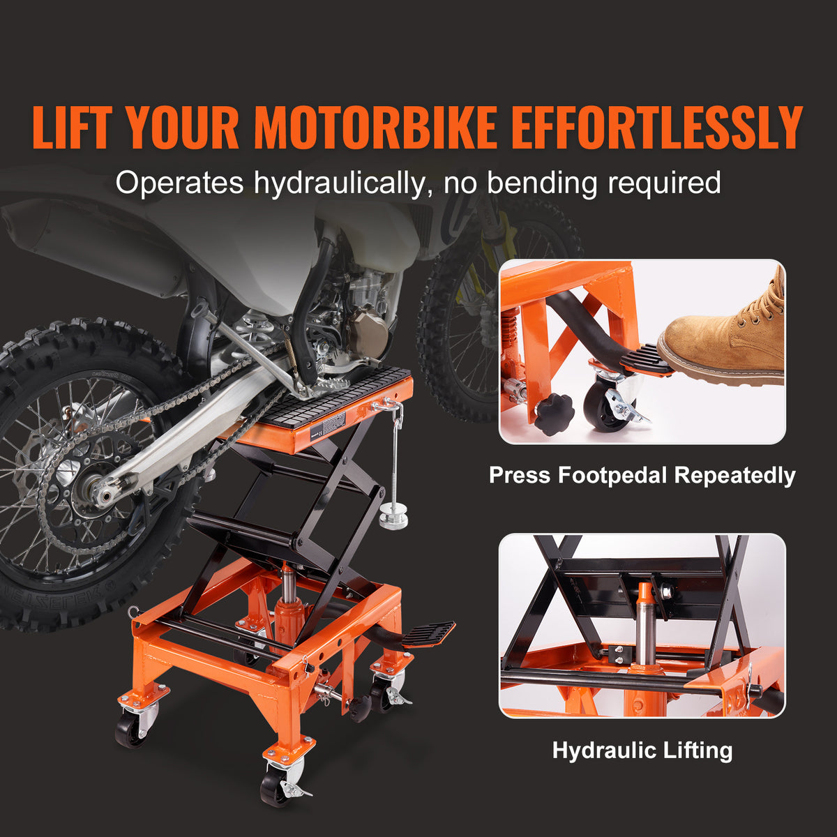 VEVOR Hydraulic Motorcycle Lift Table, 350 LBS Capacity Motorcycle Scissor Jack Lift with Wide Deck, J-hooks, 4 Wheels, Hydraulic Foot-Operated Jack Stand for ATV Dirt Bikes