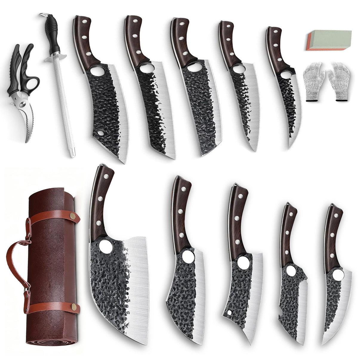 Serbian Chef Knife Set, Hand Forged Butcher Knife 15 Pcs Set with Knife Bag, Kitchen Knife Set, Meat Cutting Knife, Chest Trimming Knife, Christmas Gift for Men