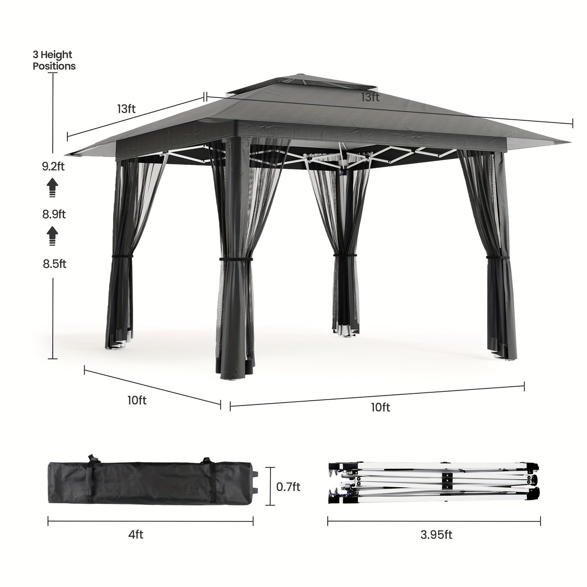 Pop Up Gazebo Tent, 11x11 & 13x13 Outdoor Canopy Featuring Mosquito Netting and Roller Bag