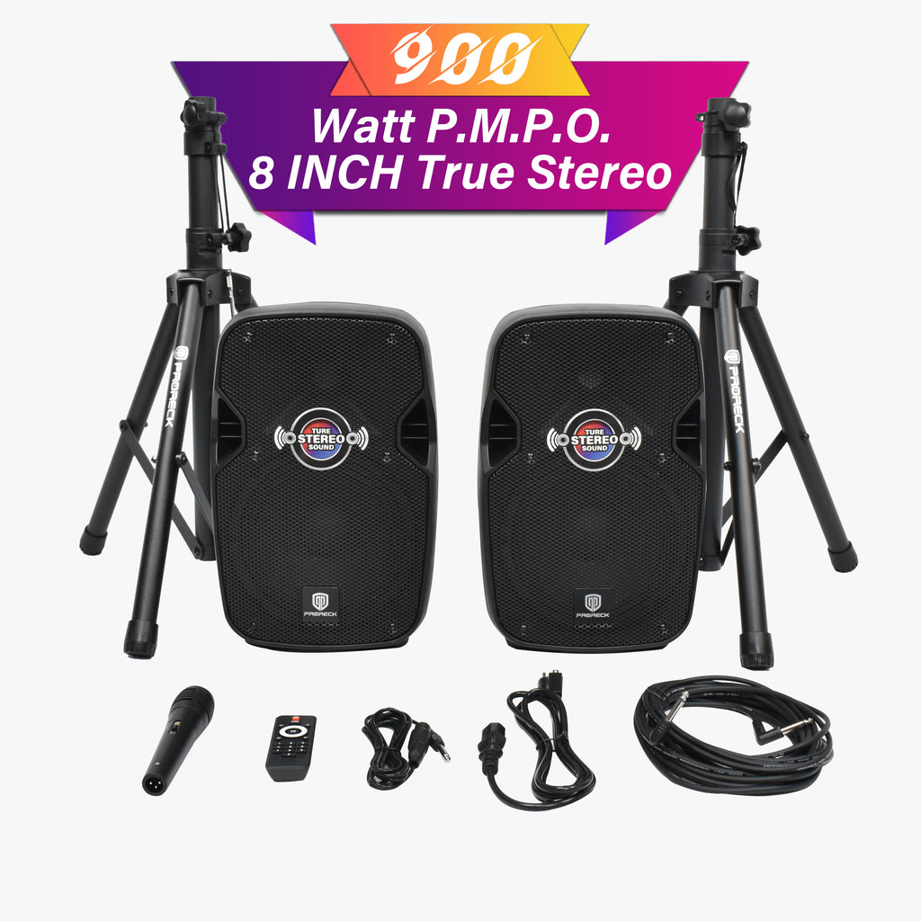 900W P.M.P.O. True Stereo Powered Wireless PA Speaker System with Active and Passive Loudspeakers, Wired Microphone, Stands, Remote, MP3/USB/SD/AUX Inputs