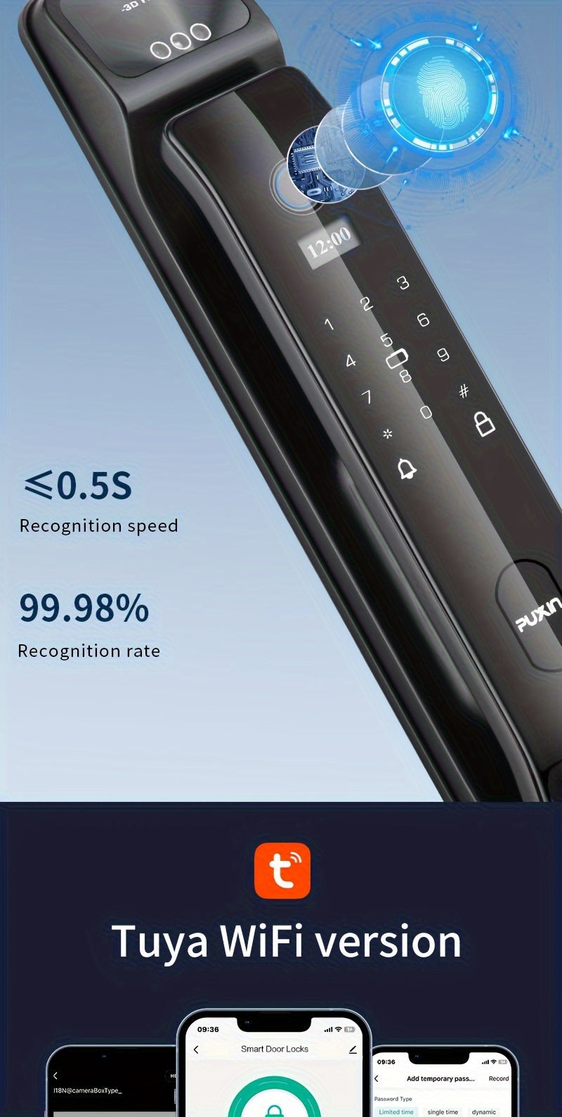 Puxin DF65 Smart Lock with 3D Face Recognition And Automatic Fingerprint Access for Home Use