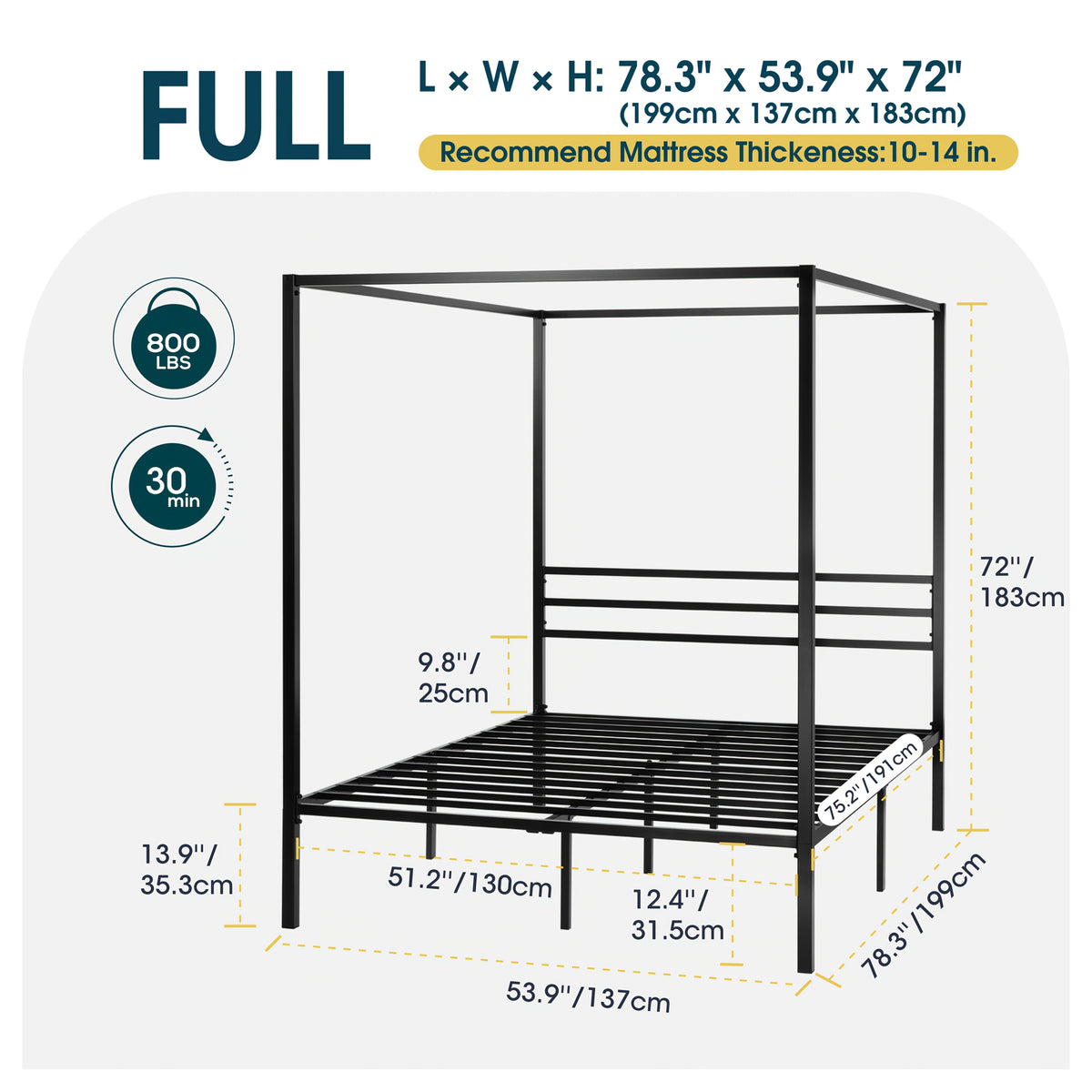 WEEWAY Heavy-Duty Metal Canopy Bed Frame with 4 Sturdy Posts & 3 Reinforced Crossbars - Easy Assembly, No Box Spring Needed, Modern Design for Full/Queen Size Beds (Black/White), Bedroom Furniture, Elegant Bedroom Style, Smooth Finish, Contemporary Furnit