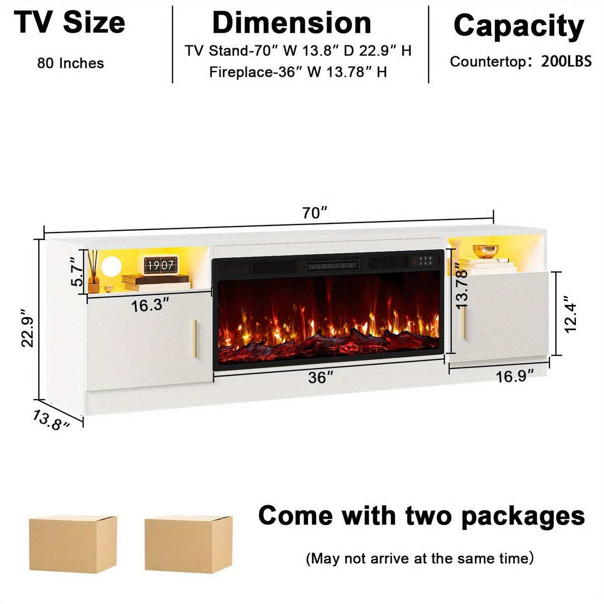 Fireplace Tv Stand with 36 Inch Fireplace Up to 80" TVs, LED Light Entertainment Center And Storage, 70" Modern Wood Media TV Console with Highlight Cabinet for Living Room