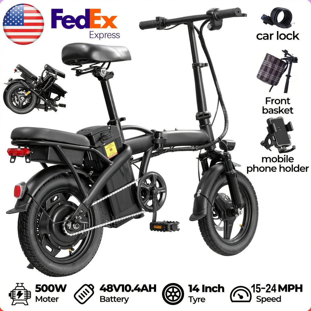 14 Inch Folding Electric Bikefor Adults And Teens, 500W Peak Motor, Top Speed 15-24MPH, Portable Foldable Commuter Bicycle For Urban Travel