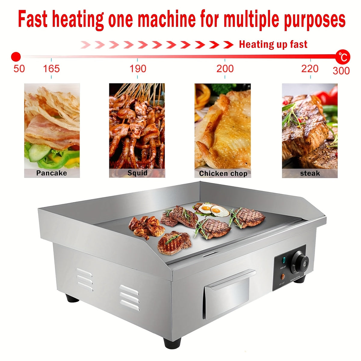 22" Commercial Electric Countertop Griddle Flat Top Grill Hot Plate BBQ, Adjustable Thermostatic Control, Stainless Steel Restaurant Grill for Kitchen