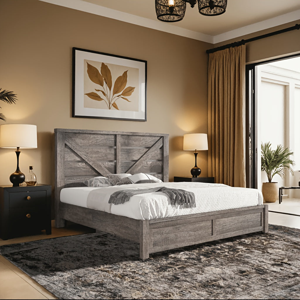 Farmhouse Bed Frame with 49.2" Barn Door Headboard, Platform Bed Frame with Wood Slat, Under Bed Storage Space, Easy Assembly, Noise-Free