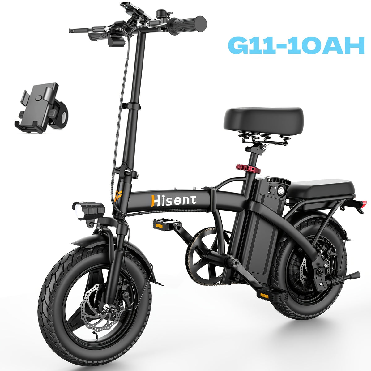 Hisent G11&F9 Folding Electric Bike | Dual Suspension System | Upgraded Frame | 12-35 Miles Range (Optional) | Features Dual Seat, LED Headlight, Disc Brakes, 14-Inch Tires, 500W High-Power Motor, Top Speed Of 19.9 Mph