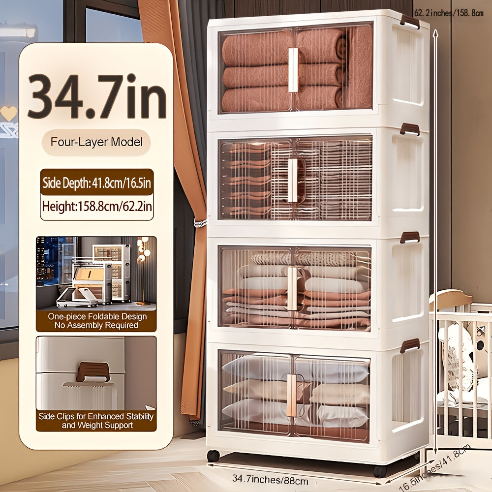 1/3/4/5-Tier 34.7" Extra-Large Folding Storage Trunks with Lids, Stackable Plastic Bins on Wheels, Collapsible Organizer for Closet, Bedroom, Office, Kitchen, And More - Foldable Storage Lockers And Room Decor