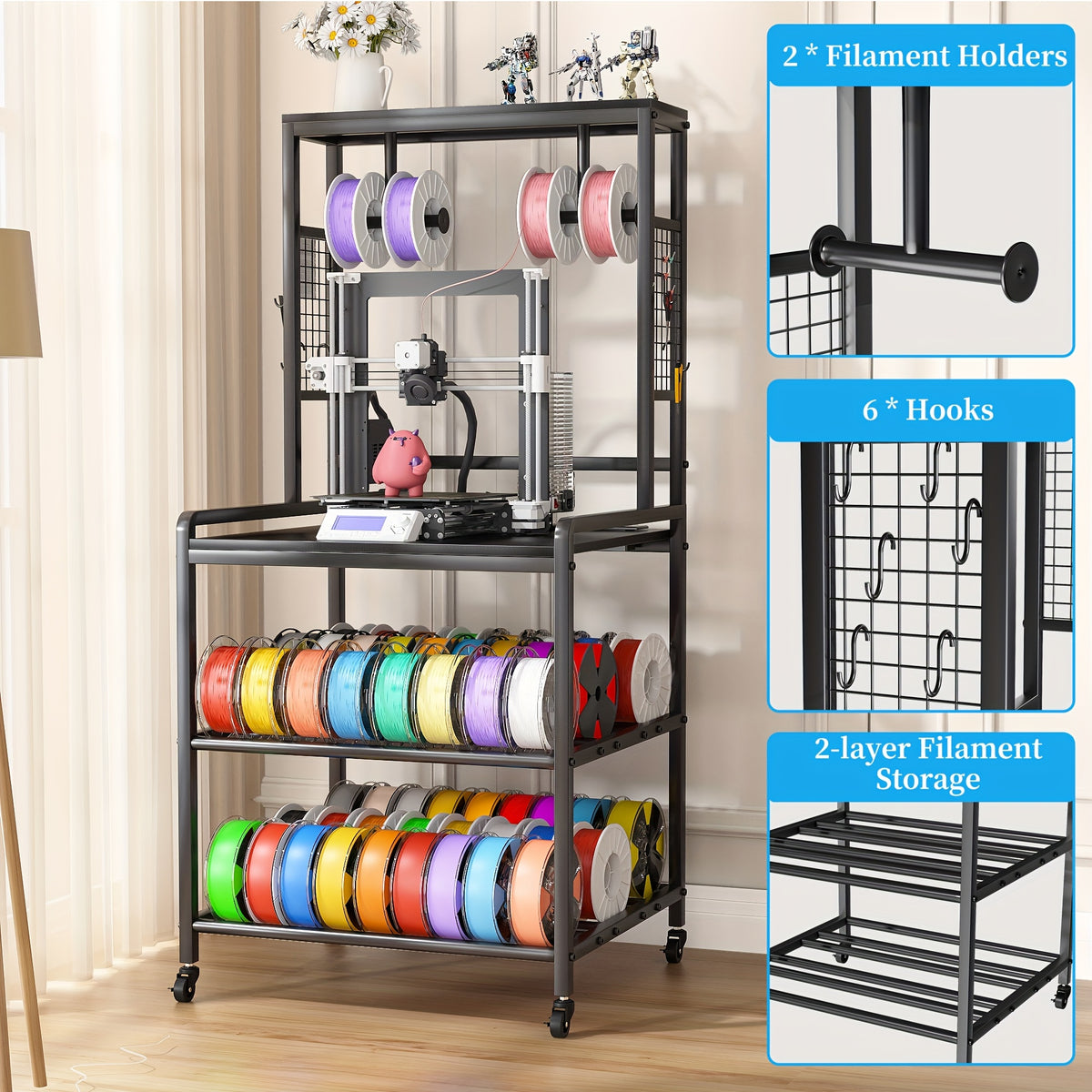 Printer Stand with Charging Station, Large 3D Printer Table with Filament Storage, Heavy Duty Rolling 3d Printing Stand Filament Organizer with 4-Tier Storage for Workshop/Office/Garage