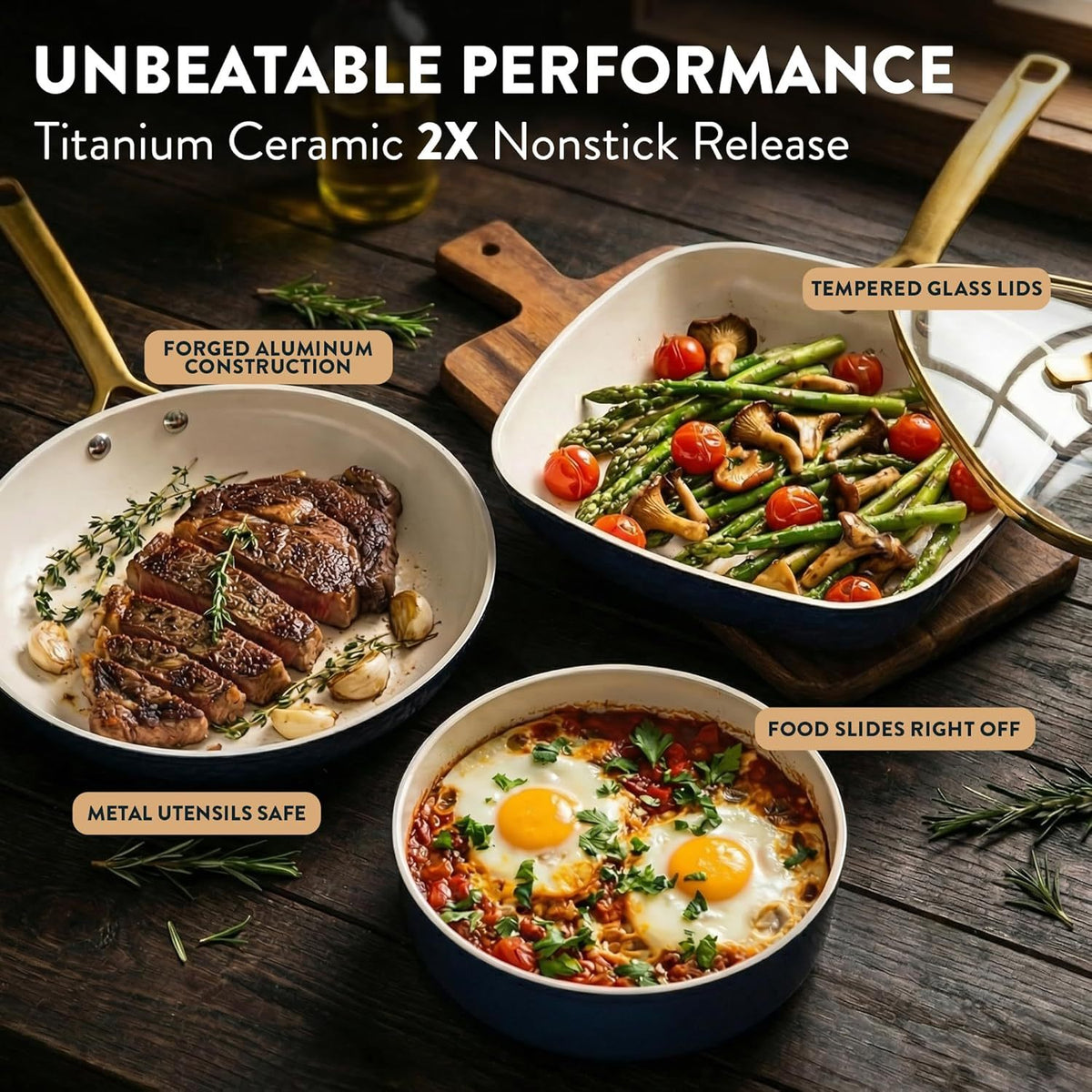 Gotham Steel Hammered 20 Pc Ceramic Cookware Set Nonstick, True Ceramic Pots and Pans Set Non Stick with Deep Square Pan Set & Bakeware Set, Non Toxic PFOA PFOS Free, Oven & Dishwasher Safe