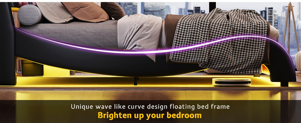 Modern Elegance Meets Functionality: Papajet Full Floating Bed Frame with Built-In LED Lights, Faux Leather Upholstery, And Wave-Shaped Curves, No Box Spring Required