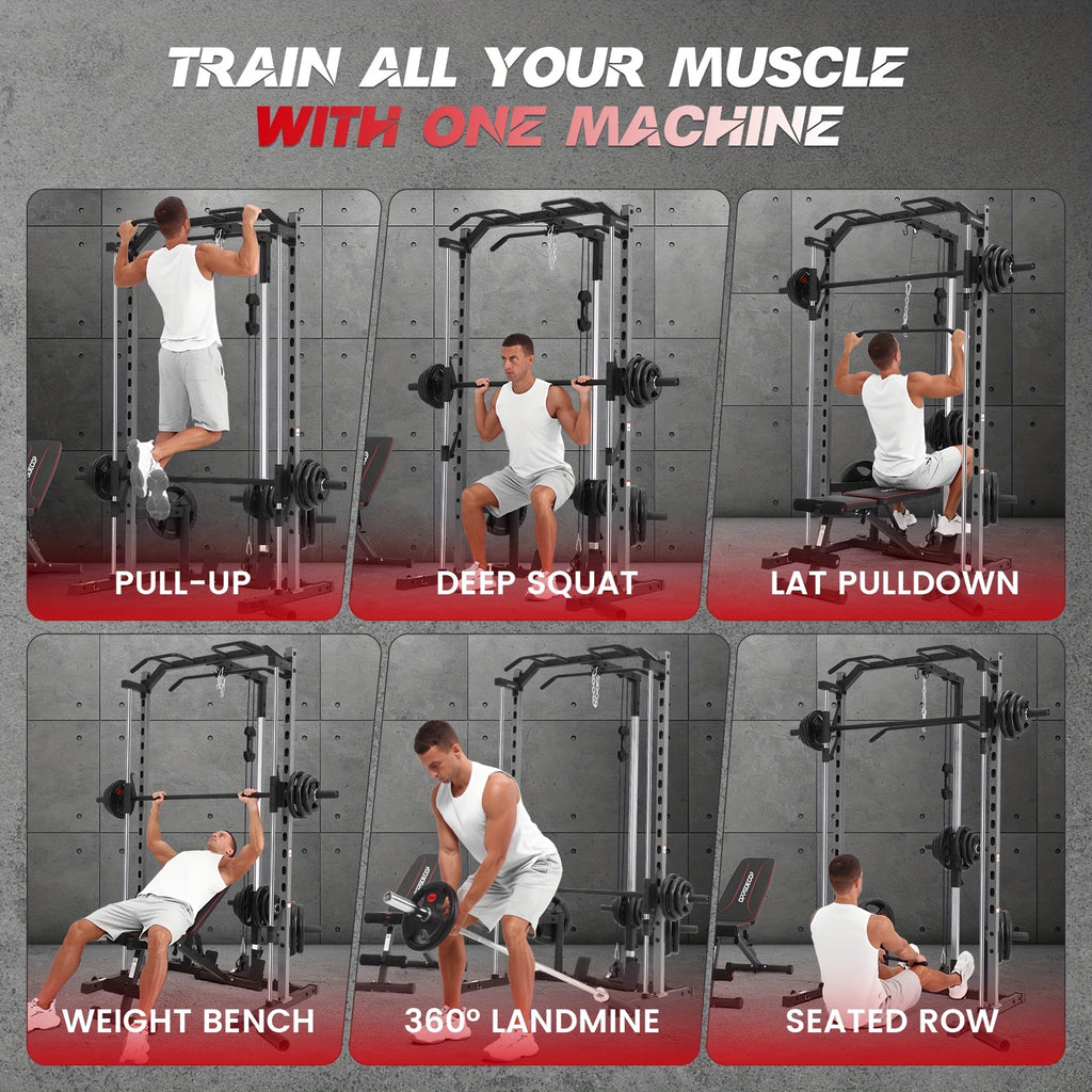 Likein Smith Machine Power Rack with LAT-Pull Down System & Cable Machine, Multi-Function Power Cage with Landmine, Barbell Bar, Plate Storage Pegs And More Training Attachment Squat Rack
