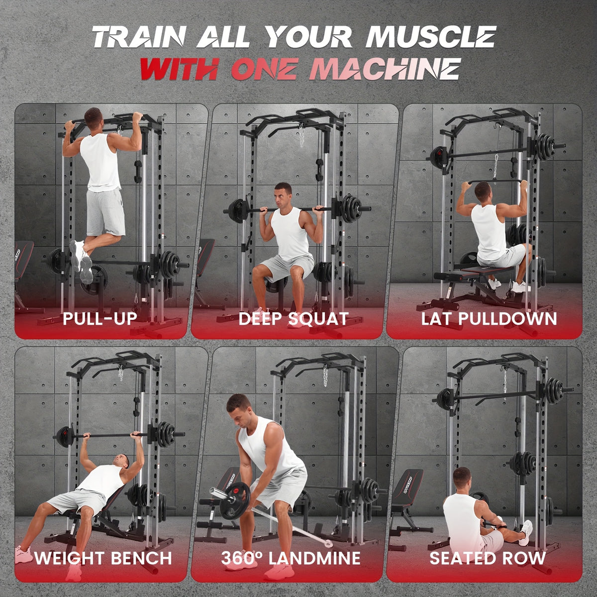 Likein Smith Machine Power Rack with LAT-Pull Down System & Cable Machine, Multi-Function Power Cage with Landmine, Barbell Bar, Plate Storage Pegs And More Training Attachment Squat Rack