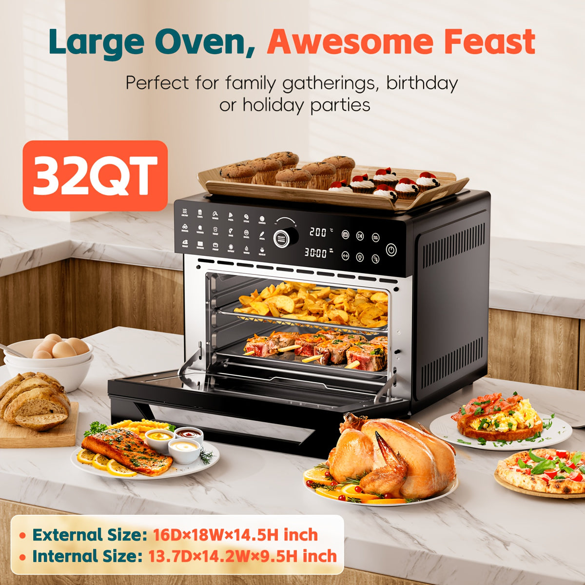 Extra Large 32-Quart Air Fryer, Digital Air Fryer Oven, and Toaster Oven Combo - 20-in-1 Countertop Convection Oven with 13" Pizza Pan, 7 Accessories, Clear Door, 1800W Dual Cooking, 360° Hot Air Circulation for Healthy Meals - Black. 86-450℉.