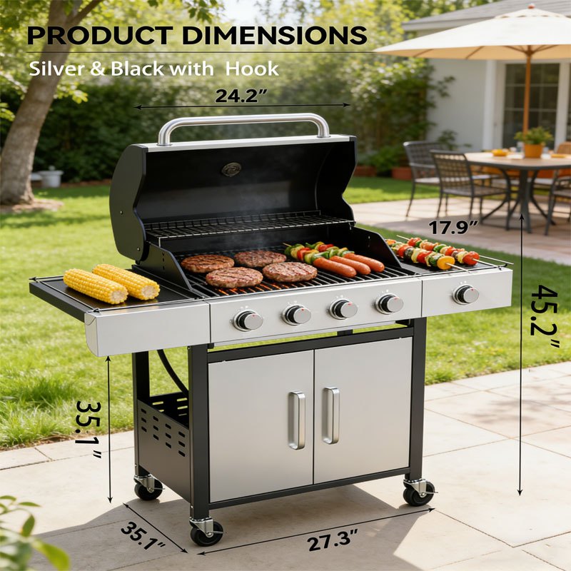 Upgraded 44000-49000 BTU 4-1 Burner Propane Gas Grill with Side Burner, Top thermometer, Outdoor BBQ Grill with Cast Iron Grates & Side Tables, 625 sq.in. Large Grilling Space for Summer Parties, Ideal for Backyard Patio & Camping, Black