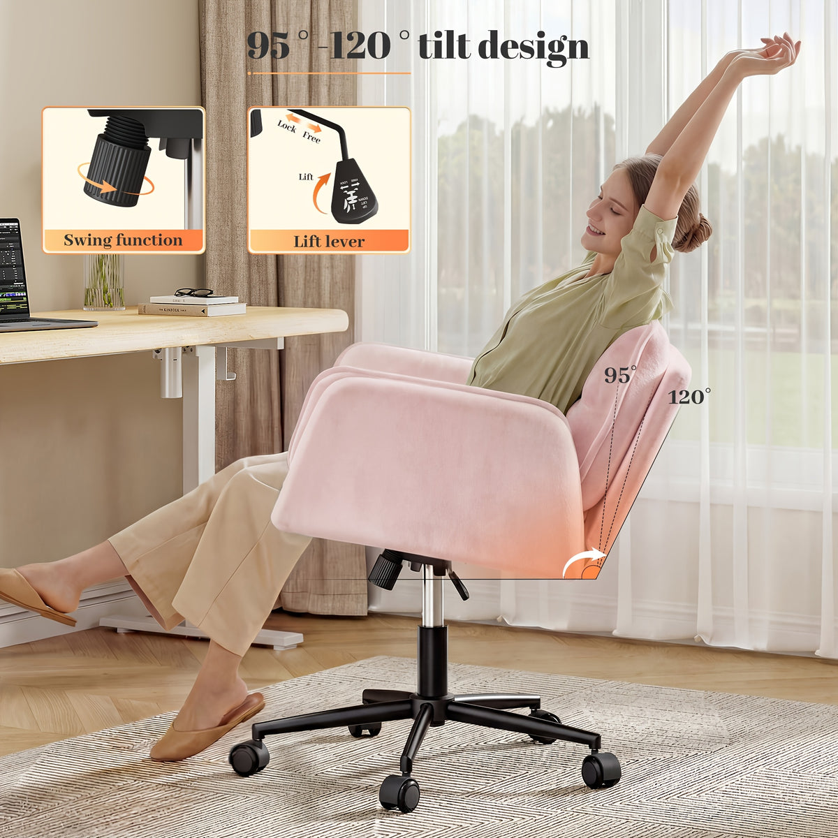 Modern Office Crossover Wheelchair, Luxurious Plush Vanity Chair with Wheels, Adjustable Armrests, Ergonomic Office Chair Suitable for Bedrooms, Computer Makeup Rooms, And Offices, Available in White, Black, Pink, And Gray, Stable And Durable