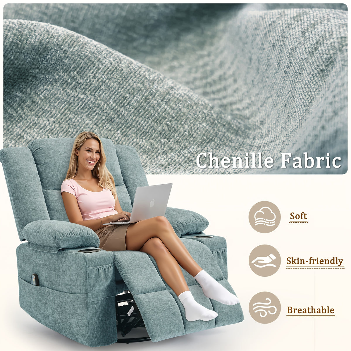Personal Care Home Massage Chair, 360° Rotation Of Massage Heating Function Comfortable Recliner Chair, Manual Adjustable Angle Leisure Rocking Chair, Massage Sofa Chair with Side Pockets And Front Pockets, with Built-in Cup Holders And Thickened